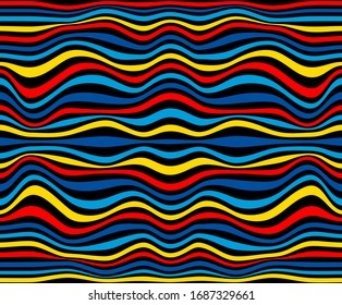 Color striped seamless pattern. Abstract wave line art. Op art, optical illusion. Psychedelic background. Modern design, graphic texture.
