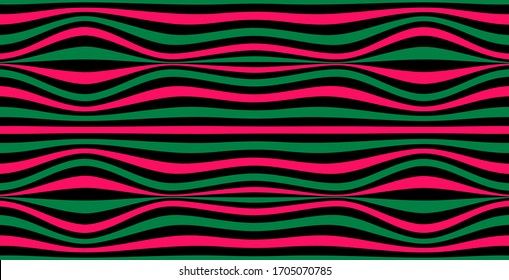 Color striped seamless pattern. Abstract wave line art. Op art, optical illusion. Psychedelic background. Modern design, graphic texture.
