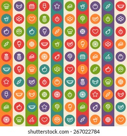 Color Striped Seamless Pattern with Dessert and Fruits Icons. Editable pattern in swatches.