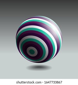 Color striped sphere with realistic light and shadow. Abstract 3D vector object.