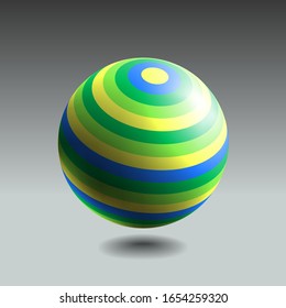 Color striped sphere with realistic light and shadow. Abstract 3D vector object.