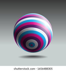 Color striped sphere with realistic light and shadow. Abstract 3D vector object.
