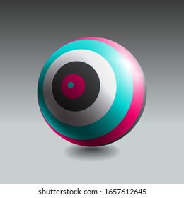 Color striped sphere with realistic light and shadow. Abstract 3D vector object.