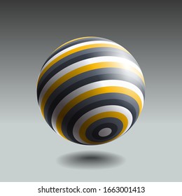 Color striped sphere with realistic light and shadow. Abstract 3D vector object.