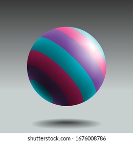 Color striped sphere with realistic light and shadow. Abstract 3D vector object.