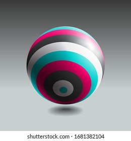 Color striped sphere with realistic light and shadow. Abstract 3D vector object.