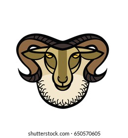 Color stylized drawing head of horned mountain ram
