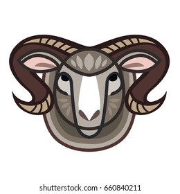 Color stylized drawing head of horned powerful ram