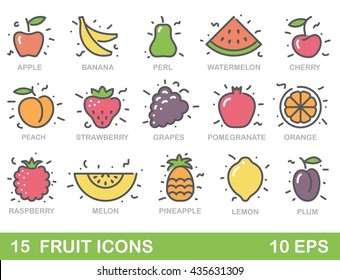 Color stylized fruit icons. Outlines vector illustration