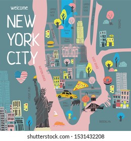 Mapa turístico estilizado en color de Nueva York dibujado a mano para guías de viaje y tarjetas. Cartel sobre viajar en la ciudad de América. Afiche decorativo para la habitación. Dibujo vectorial de dibujos animados. Vector de stock