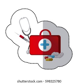 color suitcase health with stethoscope, syringe and treatment, vector illustraction