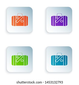 Color Suitcase for travel and stickers icon isolated on white background. Traveling baggage sign. Travel luggage icon. Set icons in colorful square buttons. Vector Illustration