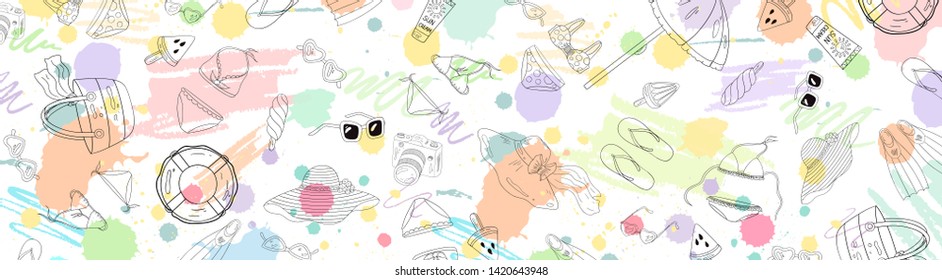 Color summer background. Holiday object line art, sketch. Black icons on white backdrop. Umbrella, glasses,  ice cream, bikini illustration. Holiday print. Summer beach hand drawn texture.Color splash