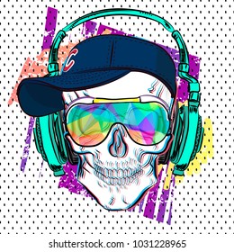 Color summer print with skull. Vector sketch.