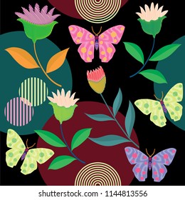 Color summer seamless pattern with butterflies, leaves and flowers on geometric shapes background