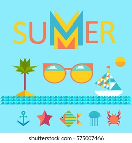 color  summer  vector set of geometric style icons
