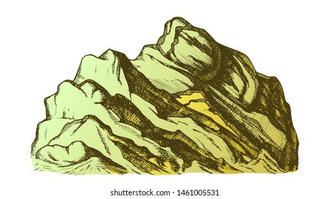 Color Summit Of Mountain Landscape Hand Drawn Vector. High Altitude Mountain Rock Peak Quiet Place For Extreme Sport, Expedition Concept. Pencil Designed Template Illustration
