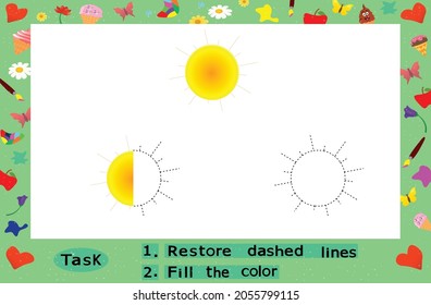 Color the Sun, Restore dashed lines. Color the picture elements. Page to be color fragments. 