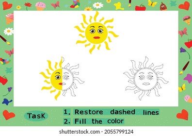 Color the Sun, Restore dashed lines. Color the picture elements. Page to be color fragments. 