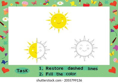 Color the Sun, Restore dashed lines. Color the picture elements. Page to be color fragments. 