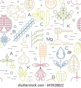  Color superfood line icons seamless pattern. Pomegranate, ginger, lucuma, spirulina, kelp, noni, cacao, baobab, blueberry, goji, acerola, honey, avocado, quinoa.