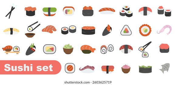 Color sushi icon set. Sushi roll icon set. Sushi isolated icon set. EPS 10.