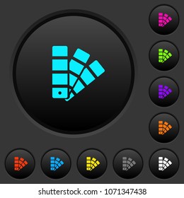 Color swatch dark push buttons with vivid color icons on dark grey background