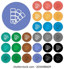 Color swatch outline multi colored flat icons on round backgrounds. Included white, light and dark icon variations for hover and active status effects, and bonus shades.