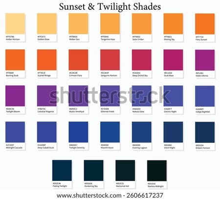 Color Swatches 32 Sunset and Twilight Shades - 3d Light, Orange, Pink, Blue to Dark Deep Tones - with HEX Codes and Names, Colour Palette, Scheme and Combinations