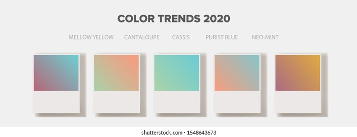 Color swatches with gragients of fashion key colors of 2020: Mellow Yellow, Cantaloupe, Cassis, Purist Blue, Neo-Mint. Vector illustration.