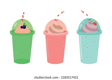 Color sweet milkshakes with cream and berries in flat style. Vector design  illustration