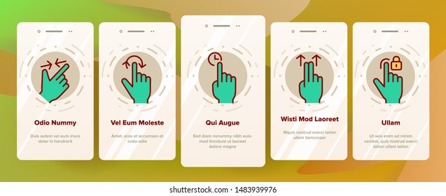Color Swipe Gesture Touches Vector Onboarding Mobile App Page Screen. Touchscreen Swipe Gesturing. Drag Finger In Various Directions Pictograms Collection. Using Sensory Devices Illustration