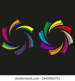 Ícones de redemoinho de cor. Símbolos em espiral dupla. Girando formas vetoriais. Contraste do plano de fundo preto.