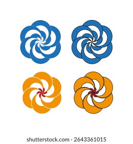 Logótipos em espiral de cores. Símbolos espirais abstratos. Design laranja azul. Emblema circular vetorial.