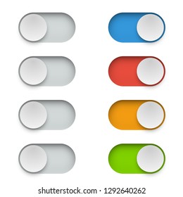 Color switch button in On and Off mode. Toggle modern UI elements set on white background. Vector illustration.