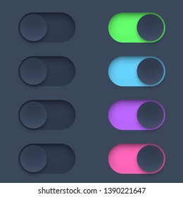 Color switch button in On and Off mode. Toggle modern UI elements set on dark background. Vector illustration.