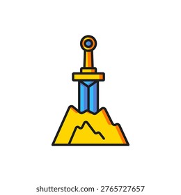 Color Sword in the stone icon isolated on white background. Excalibur the sword in the stone from the Arthurian legends. Flat filled outline style with shadow. Vector