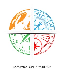 Color symbols of world map, clock, windrose and abstract symbol
