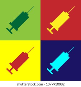 Color Syringe icon isolated on color backgrounds. Syringe for vaccine, vaccination, injection, flu shot. Medical equipment. Vector Illustration