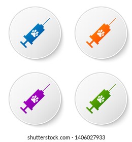 Color Syringe with pet vaccine icon isolated on white background. Dog or cat paw print. Set icons in circle buttons. Vector Illustration