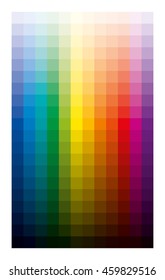 Color table light and dark. Twelve basic colors gradated from white to the black in ten percent steps. CMYK print palette analogous to subtractive color circle developed from red, yellow and blue.