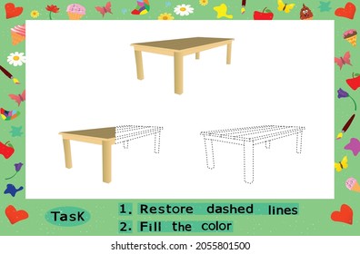 Color the Table, Restore dashed lines. Color the picture elements. Page to be color fragments. 