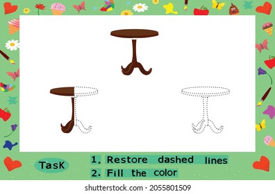Color the Table, Restore dashed lines. Color the picture elements. Page to be color fragments. 