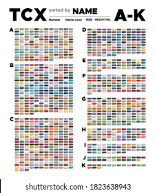 Color table of the TCX colors sorted by name A-K. Palette with number, named swatches, chart conform to RGB, HTML and HEX description. Test page for print on cotton