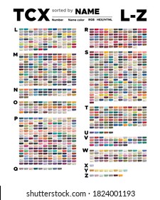 Color table of the TCX colors sorted by name L-Z. Palette with number, named swatches, chart conform to RGB, HTML and HEX description. Test page for print on cotton