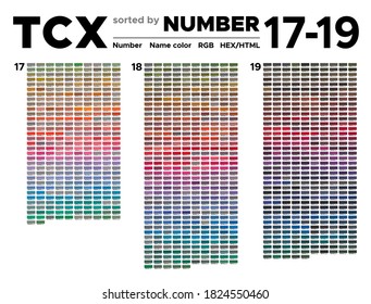 Color table of the TCX colors sorted by number 17-19. Palette with number, named swatches, chart conform to RGB, HTML and HEX description. Test page for print on cotton