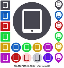 Color tablet icon, button, symbol set. Square, circle and pin versions.