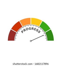 Color tachometer, speedometer icon, performance measurement symbol. Scale with arrow. Progress measuring device icon. Colorful infographic gauge element.