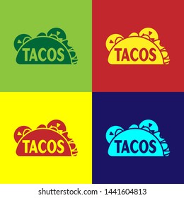 Color Taco with tortilla icon isolated on color backgrounds. Traditional mexican fast food. Vector Illustration
