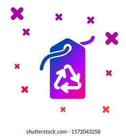 Color Tag with recycle symbol icon isolated on white background. Banner, label, tag, logo, sticker for eco green. Gradient random dynamic shapes. Vector Illustration